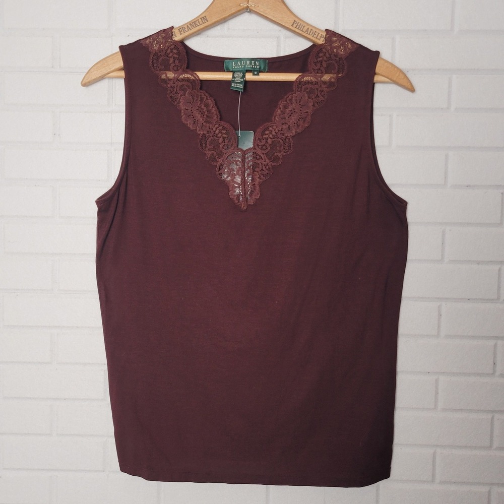 Vintage 2000s Lauren Ralph Lauren Tank Top M Plum Aubergine Lace Trim Cami - Picture 9 of 10